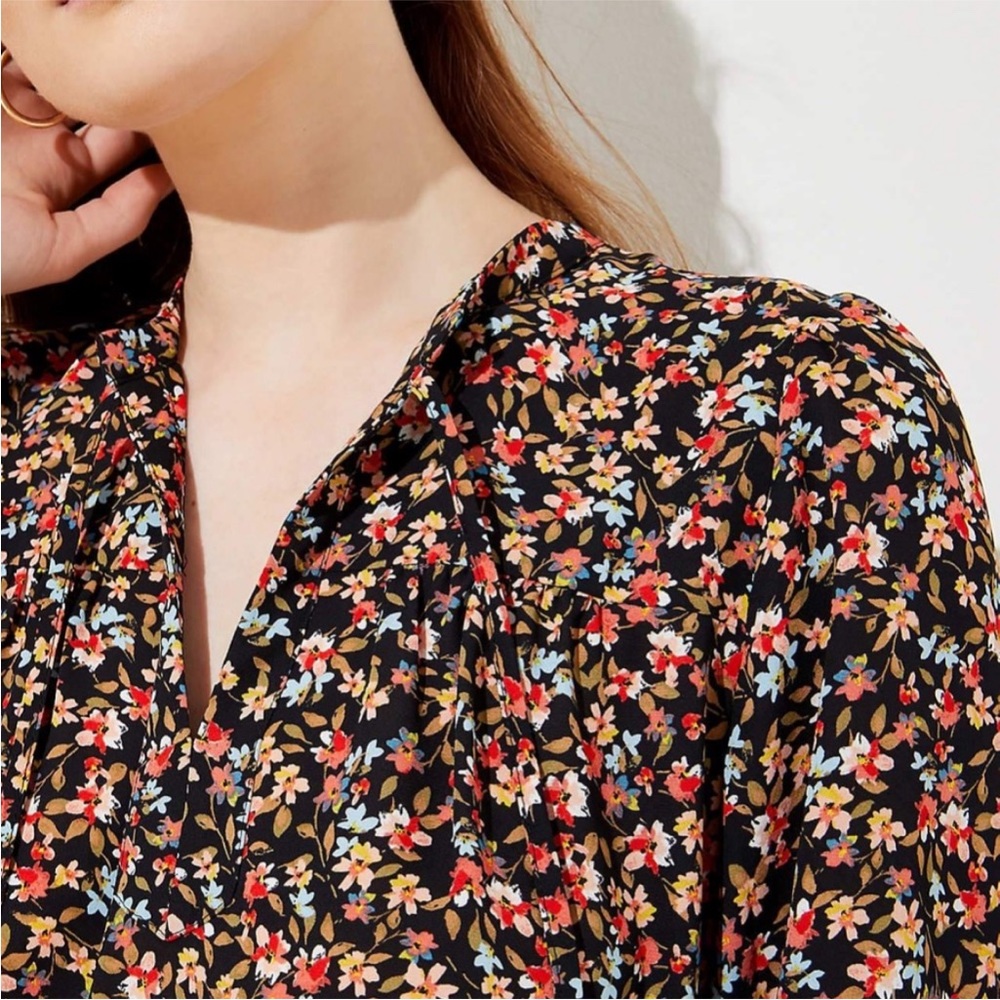 LOFT Black Floral V-Neck Blouse with Red, Blue & Tan Accents